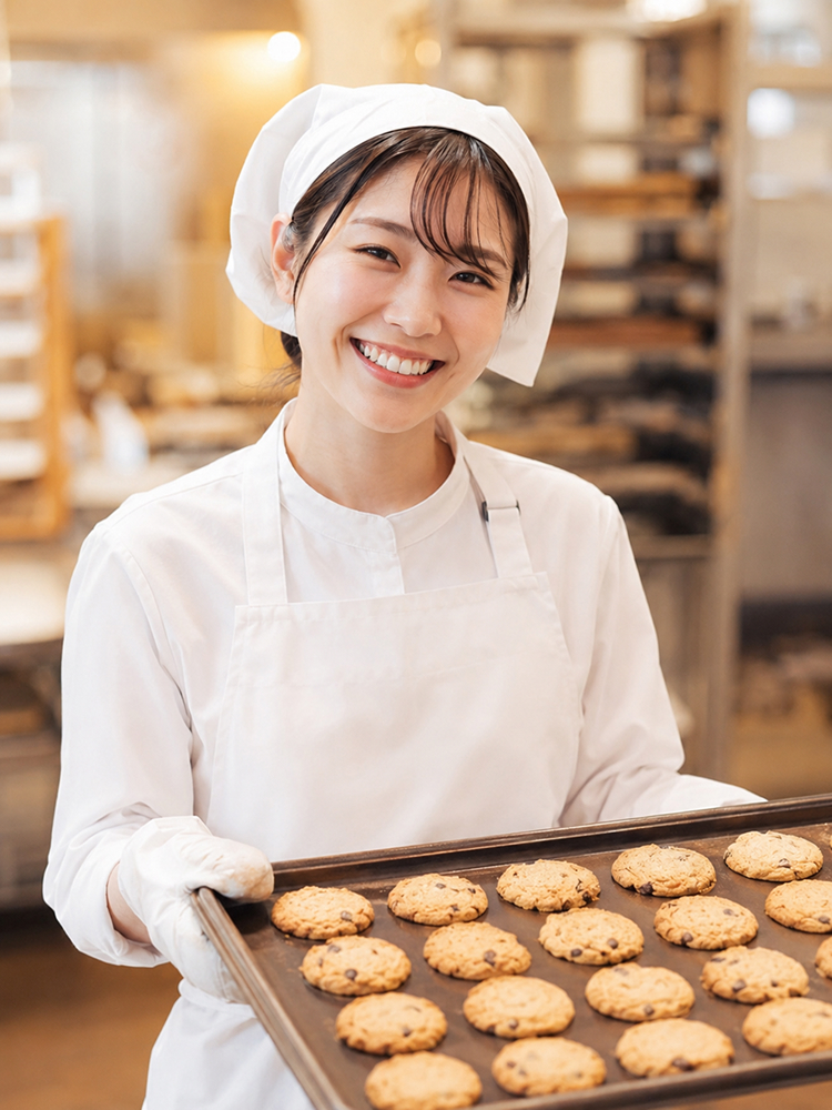 焼きたてクッキーのトレイを持つ社員