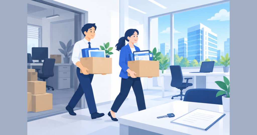 制作会社を変更し、書類やデータを新しい事務所へ運び替えるイメージ