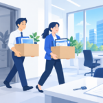 制作会社を変更し、書類やデータを新しい事務所へ運び替えるイメージ