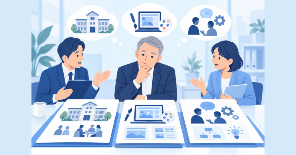 相談窓口で資料を見比べる年配の経営者のイラスト