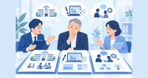 相談窓口で資料を見比べる年配の経営者のイラスト