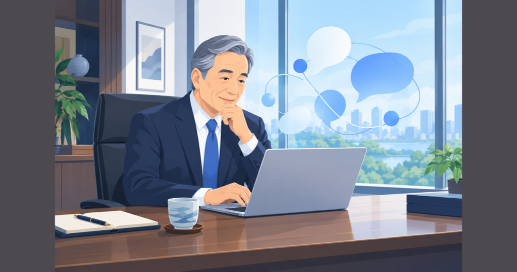 ノートPCで文章の下書きを確認する60代の経営者