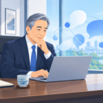 ノートPCで文章の下書きを確認する60代の経営者