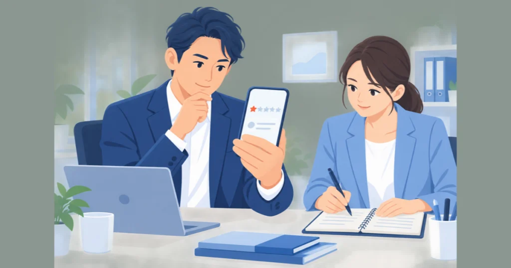 スマートフォンの口コミ評価を落ち着いて確認する社長と、返信の下書きをメモする担当者