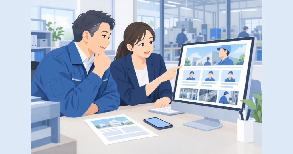 社長と担当者が採用ページの内容をパソコンで相談している様子