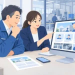 社長と担当者が採用ページの内容をパソコンで相談している様子