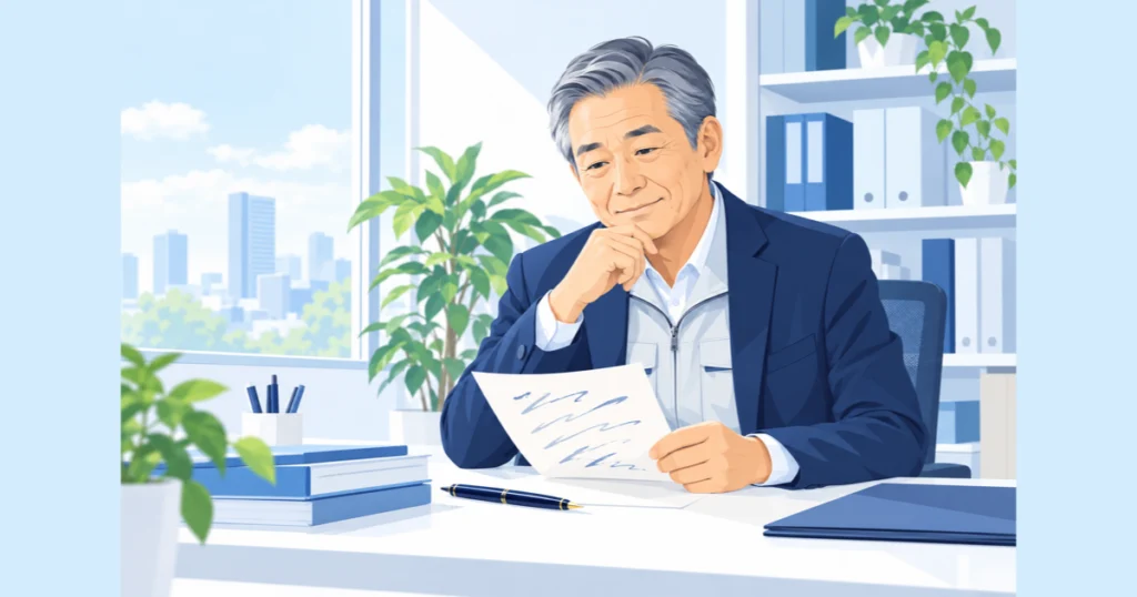 事務所の窓際で挨拶文のメモを書く経営者のイメージ