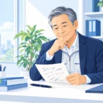 事務所の窓際で挨拶文のメモを書く経営者のイメージ