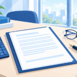 机の上の契約書と電卓、老眼鏡