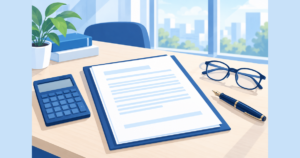机の上の契約書と電卓、老眼鏡