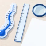 ゆがんだ温度計と正確な定規を並べた机の上の静物