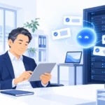 AIによるサーバー点検の報告をタブレットで確認する社長