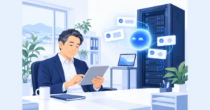 AIによるサーバー点検の報告をタブレットで確認する社長