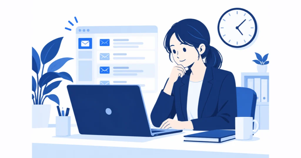 事務所の机のパソコンで問い合わせメールを確認し、壁の時計が見える様子