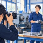 町工場の作業場でカメラマンが職人を撮影している様子