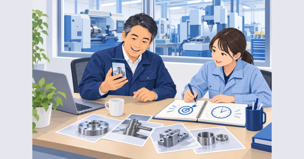 事務所で社長と担当者がSNSの目的と時間を話し合う様子