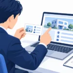 取引先の担当者が会社のホームページと名刺を見比べて確認している机上の様子
