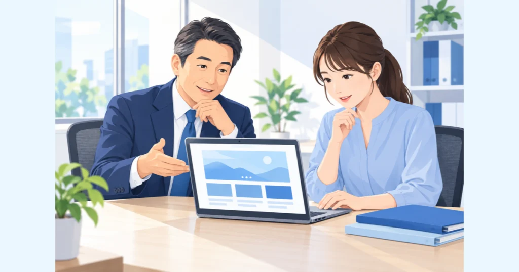 社長と社員が事務所でパソコンを見ながら担当を話し合う様子