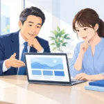 社長と社員が事務所でパソコンを見ながら担当を話し合う様子