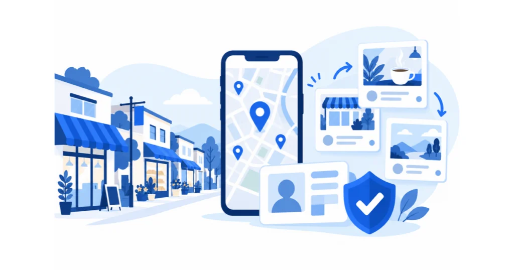 商店街の店舗と地図画面、認証の盾マーク、投稿カードが並ぶGoogleビジネスプロフィールのイラスト