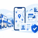 商店街の店舗と地図画面、認証の盾マーク、投稿カードが並ぶGoogleビジネスプロフィールのイラスト