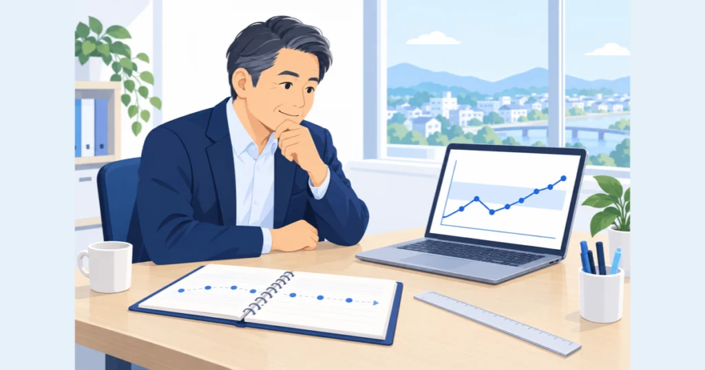 社長が月ごとのアクセス数のグラフを見て目安を考えている様子