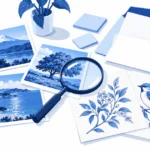 机の上の写真プリントと虫眼鏡、書類を確認している様子