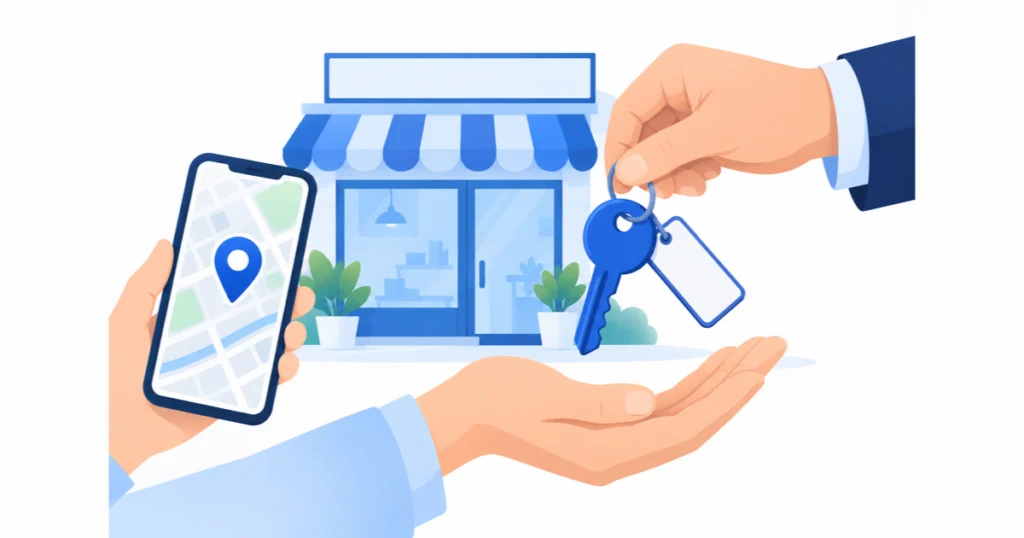 地図ピンのスマホと鍵を受け渡す手で、Googleマップの管理権限を取り戻すイメージ
