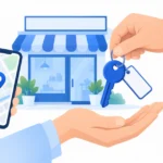 地図ピンのスマホと鍵を受け渡す手で、Googleマップの管理権限を取り戻すイメージ