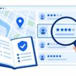 地図の口コミカードをルールブックと照らして確認するイラスト
