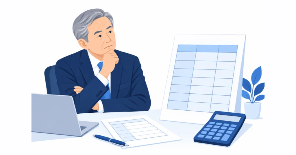 料金表と電卓を前に載せ方を考える経営者のイラスト