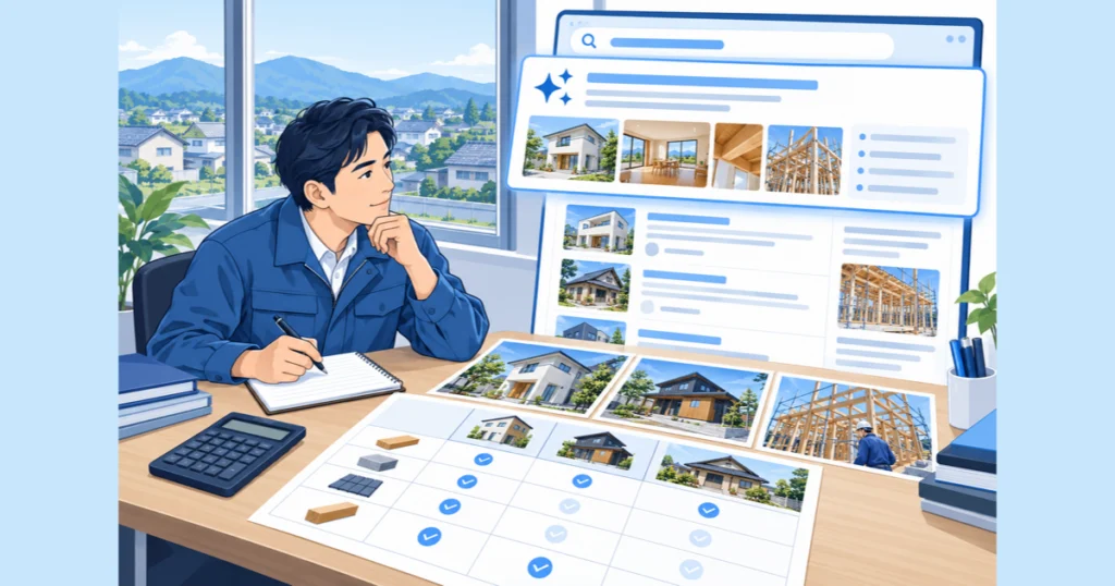 検索結果のAI要約の下で比較表を広げて確認する地方の店主のイラスト