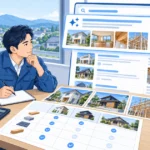 検索結果のAI要約の下で比較表を広げて確認する地方の店主のイラスト