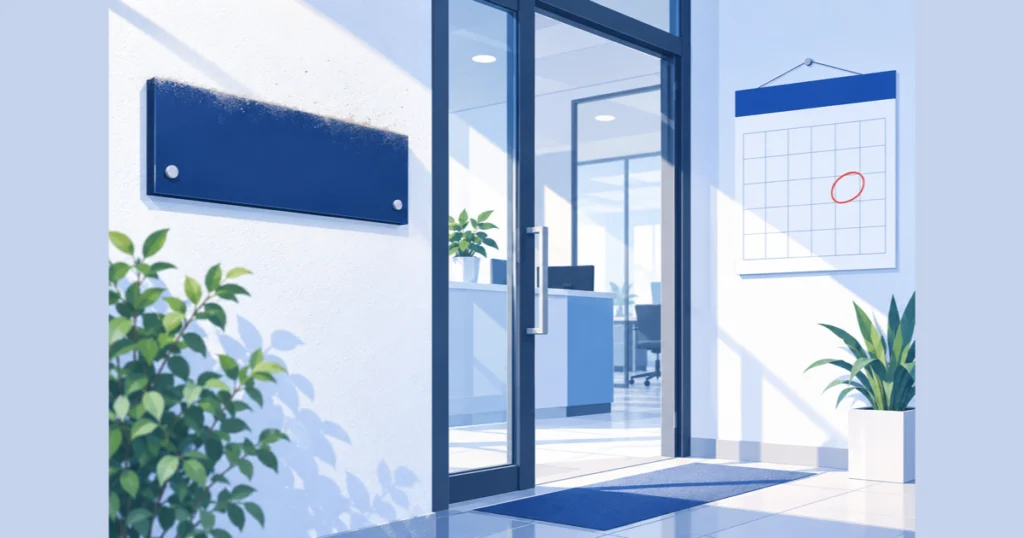 ほこりをかぶった看板のある会社の玄関とカレンダーのイラスト