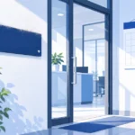 ほこりをかぶった看板のある会社の玄関とカレンダーのイラスト