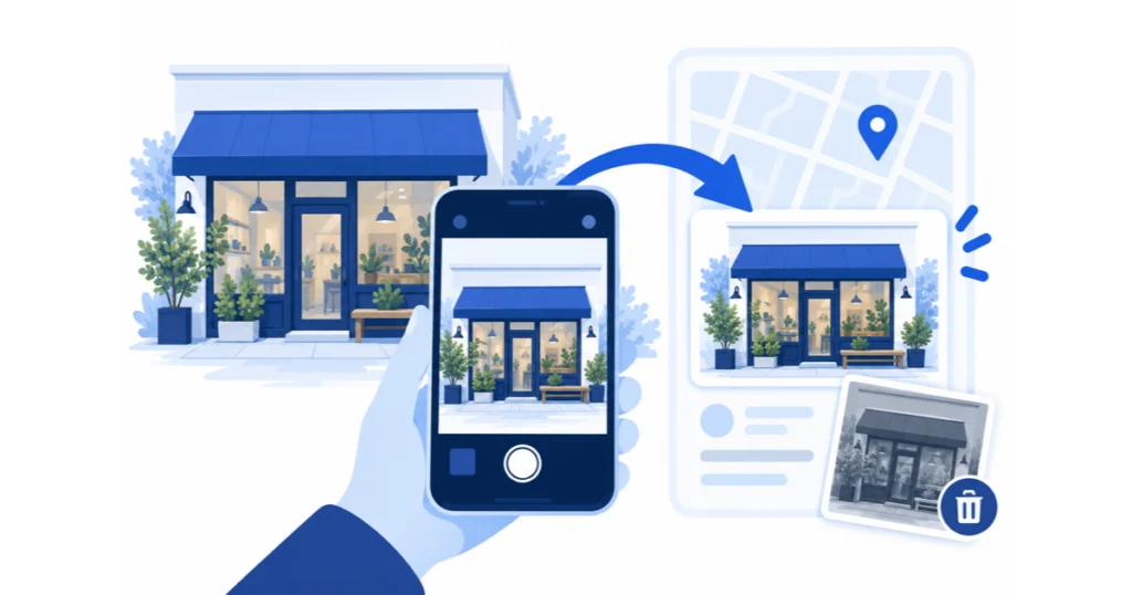 スマートフォンでGoogleマップの店舗写真を差し替えるイメージ