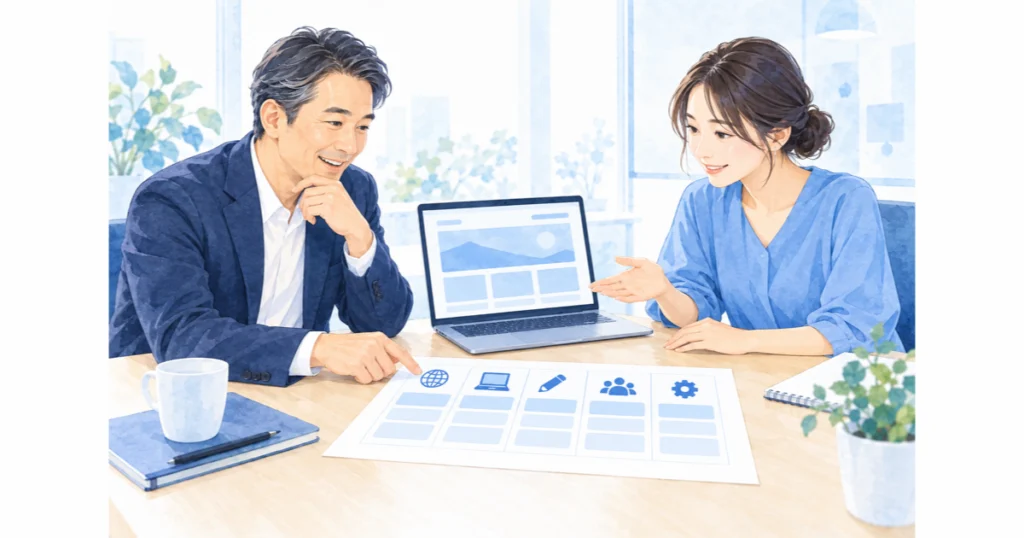 社長とWeb担当者がノートパソコンを見ながら話し合う場面