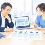 社長とWeb担当者がノートパソコンを見ながら話し合う場面