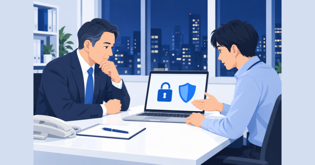 ホームページの異変に対応する社長と担当者のイメージ