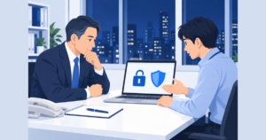 ホームページの異変に対応する社長と担当者のイメージ