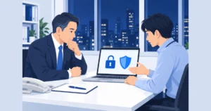 ホームページの異変に対応する社長と担当者のイメージ
