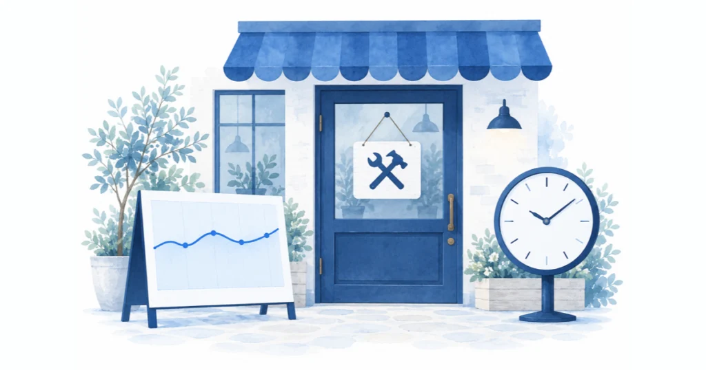 工事中の札が下がった店舗の扉と穏やかな検索グラフのイラスト