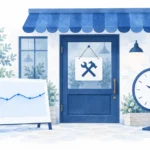 工事中の札が下がった店舗の扉と穏やかな検索グラフのイラスト