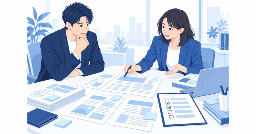 記事作成の代行を依頼する前に、社長と担当者が決めごとを相談している様子