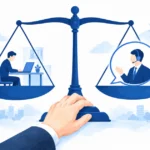 社内担当と外注を天秤にかけて判断するイメージ