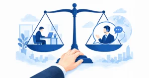 社内担当と外注を天秤にかけて判断するイメージ
