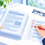 納品された記事の原稿とチェック表を机で確認している手元のイメージ