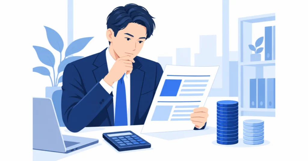 Web広告の代理店手数料の見積書を確認する中小企業の社長のイラスト