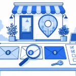 地図のピンと店先、三つの封筒とチェックリストを見比べて業者を選ぶイラスト