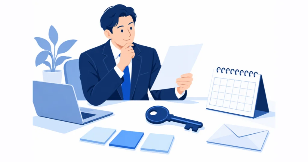 鍵と三枚の付箋、カレンダー、一枚の紙を机で確認して、外注の判断を手元に残すイラスト